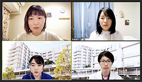 薬剤師レジデント修了者の藤田さん（右下）と、2年目の今子さん（左下）に、山沢（左上）、百瀬（右上）がテレビ会議システムで話を聞いた